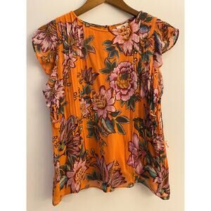 Farm Rio Adonis Pintucked Blouse No Tie Orange Pink Floral Flutter Sleeve GUC S